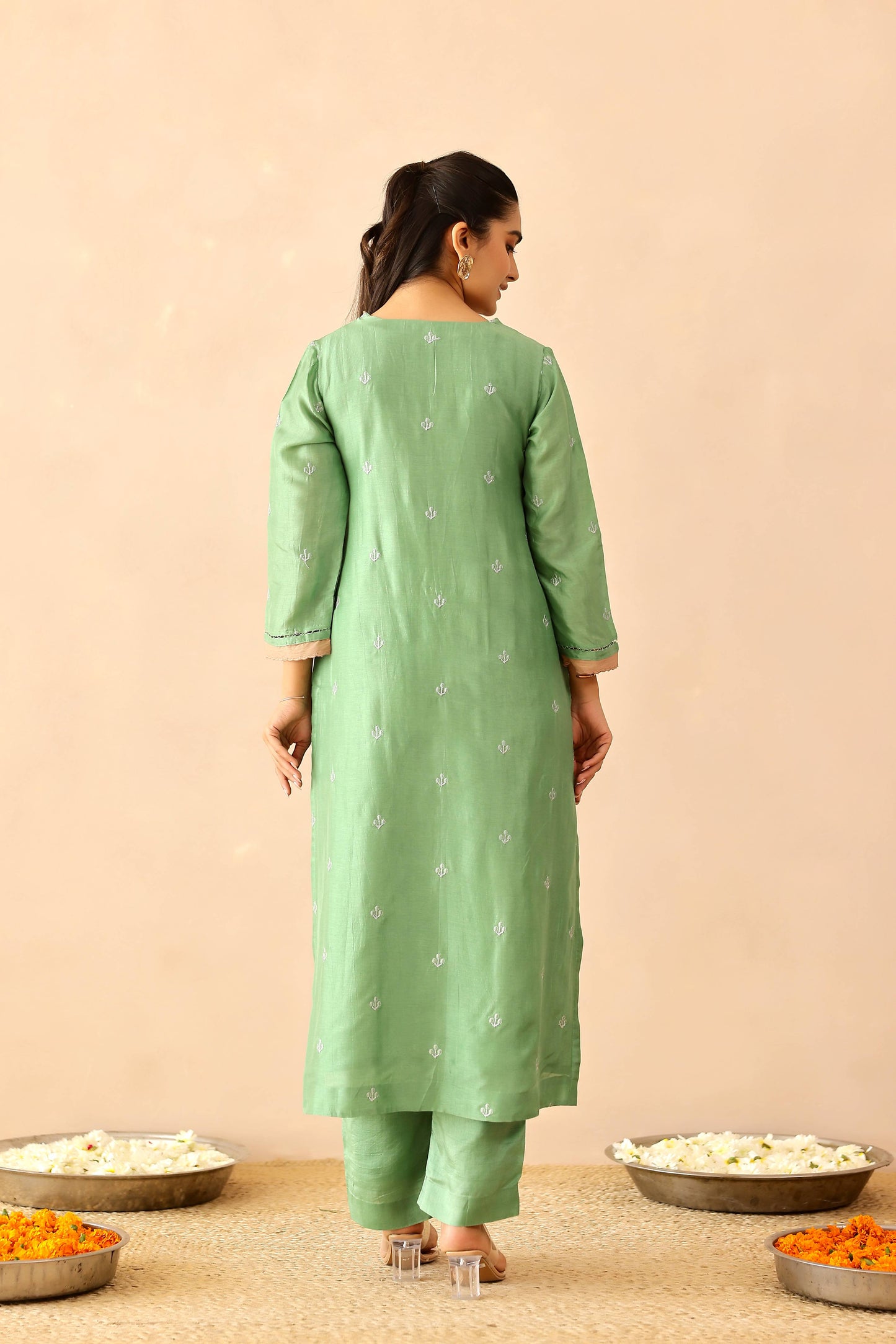 Green & Beige Peony Suit set