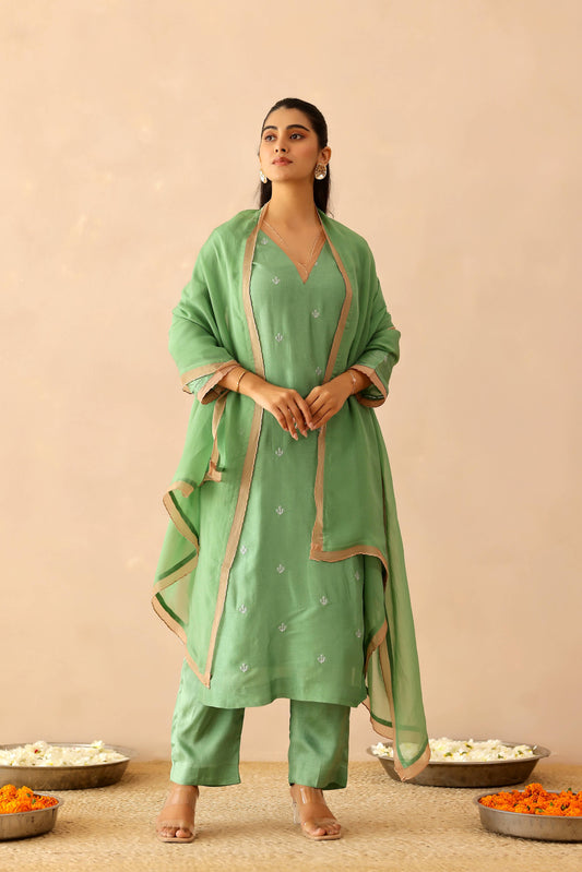 Green & Beige Peony Suit set