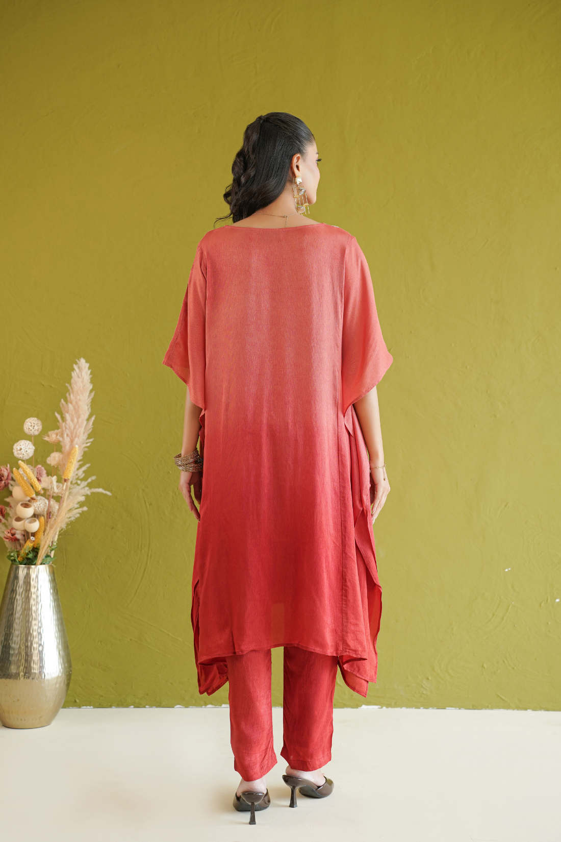 Red Ombre Floral Embroidered Kaftan Set