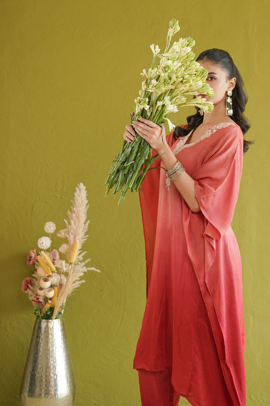 Red Ombre Floral Embroidered Kaftan Set