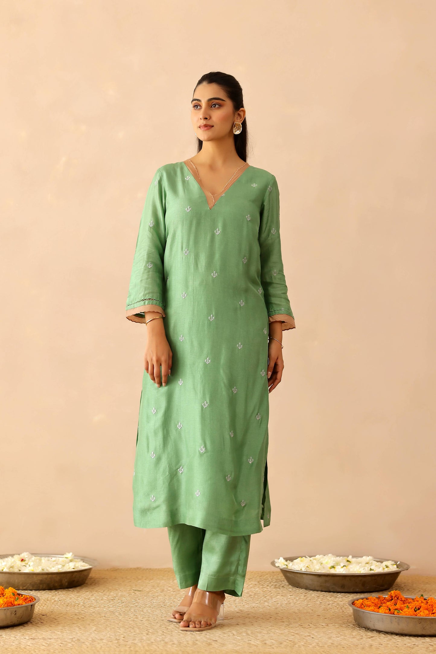Green &  Beige Peony Suit set