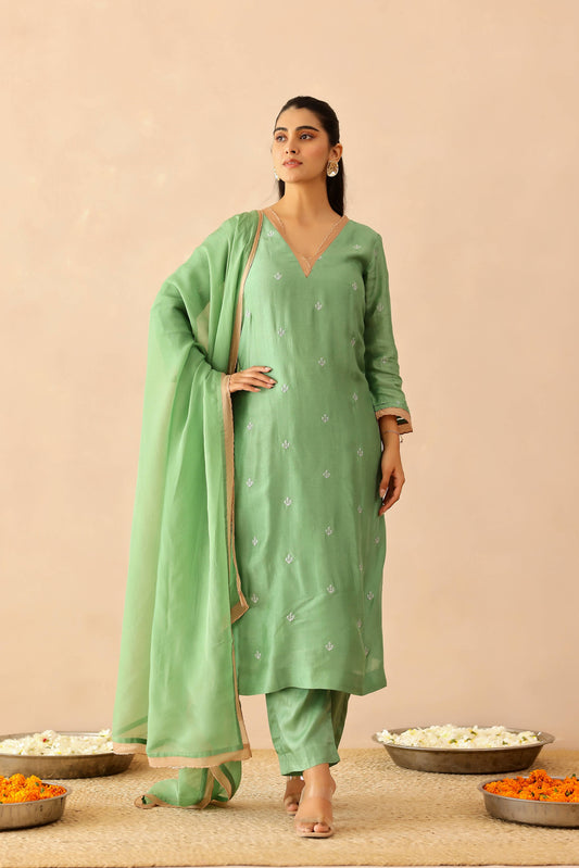 Green &  Beige Peony Suit set