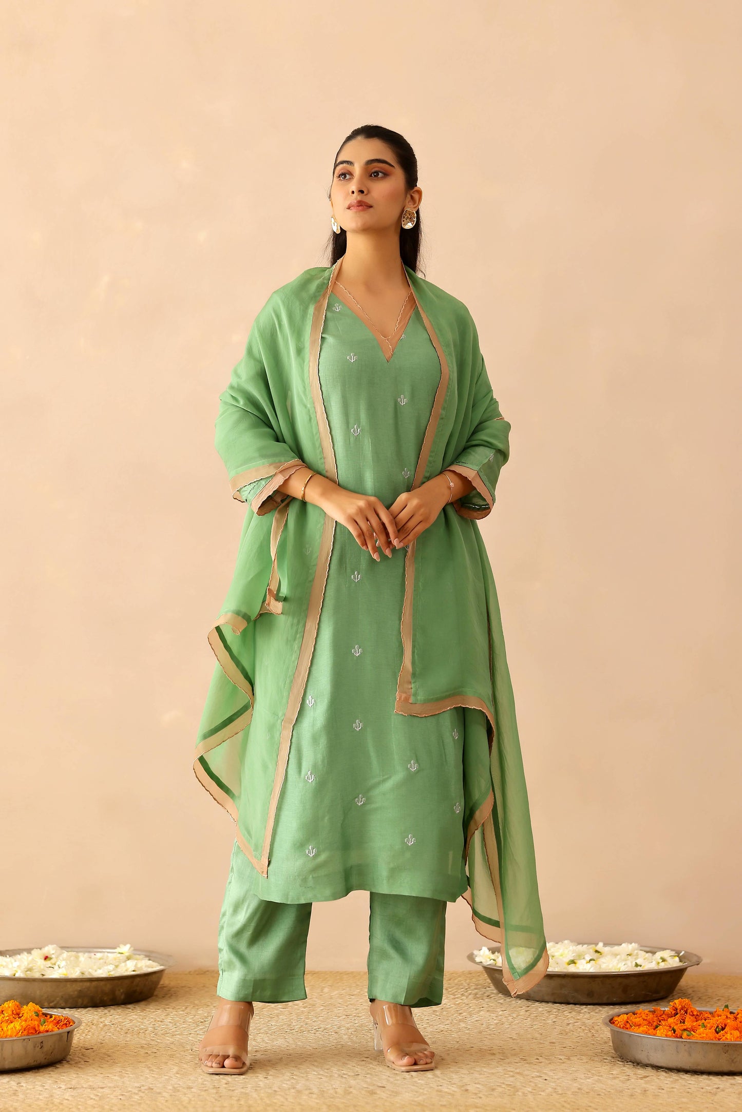 Green &  Beige Peony Suit set