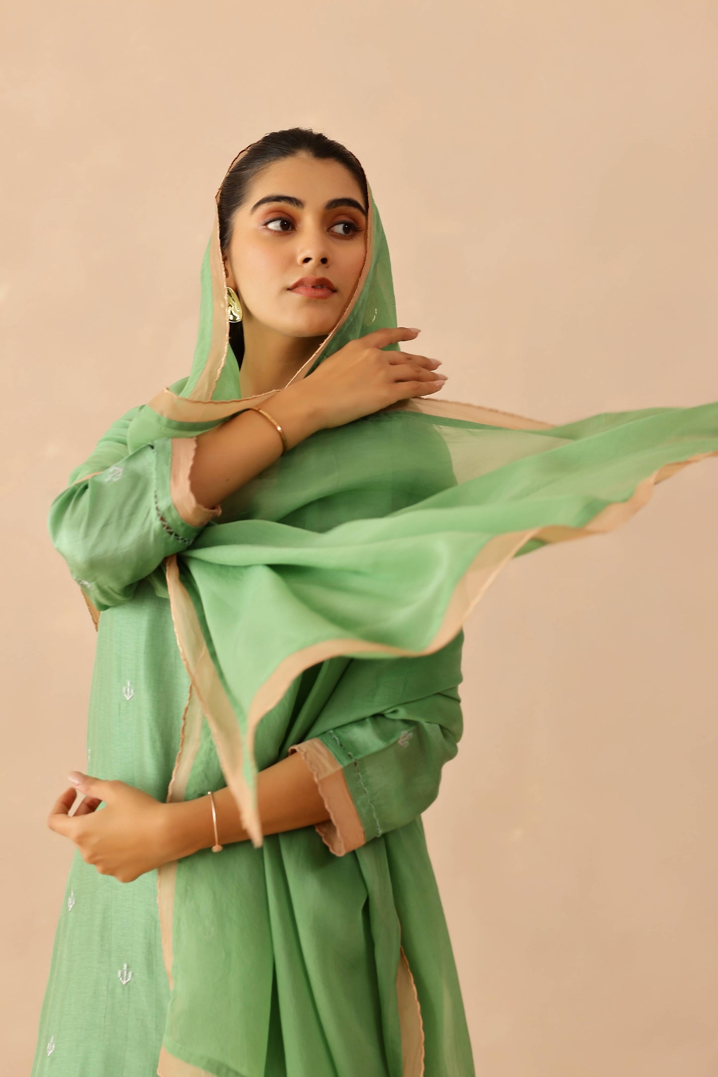 Green &  Beige Peony Suit set