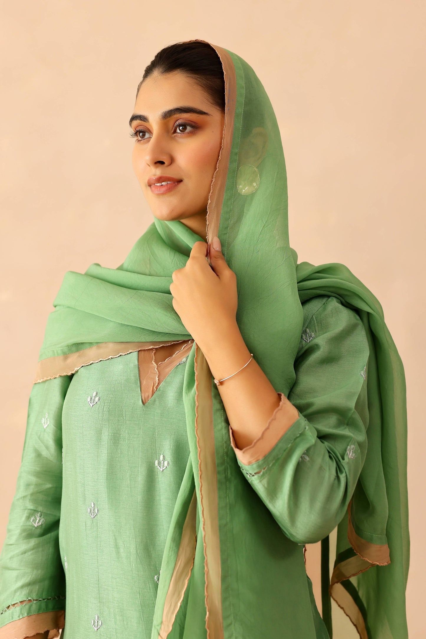 Green &  Beige Peony Suit set