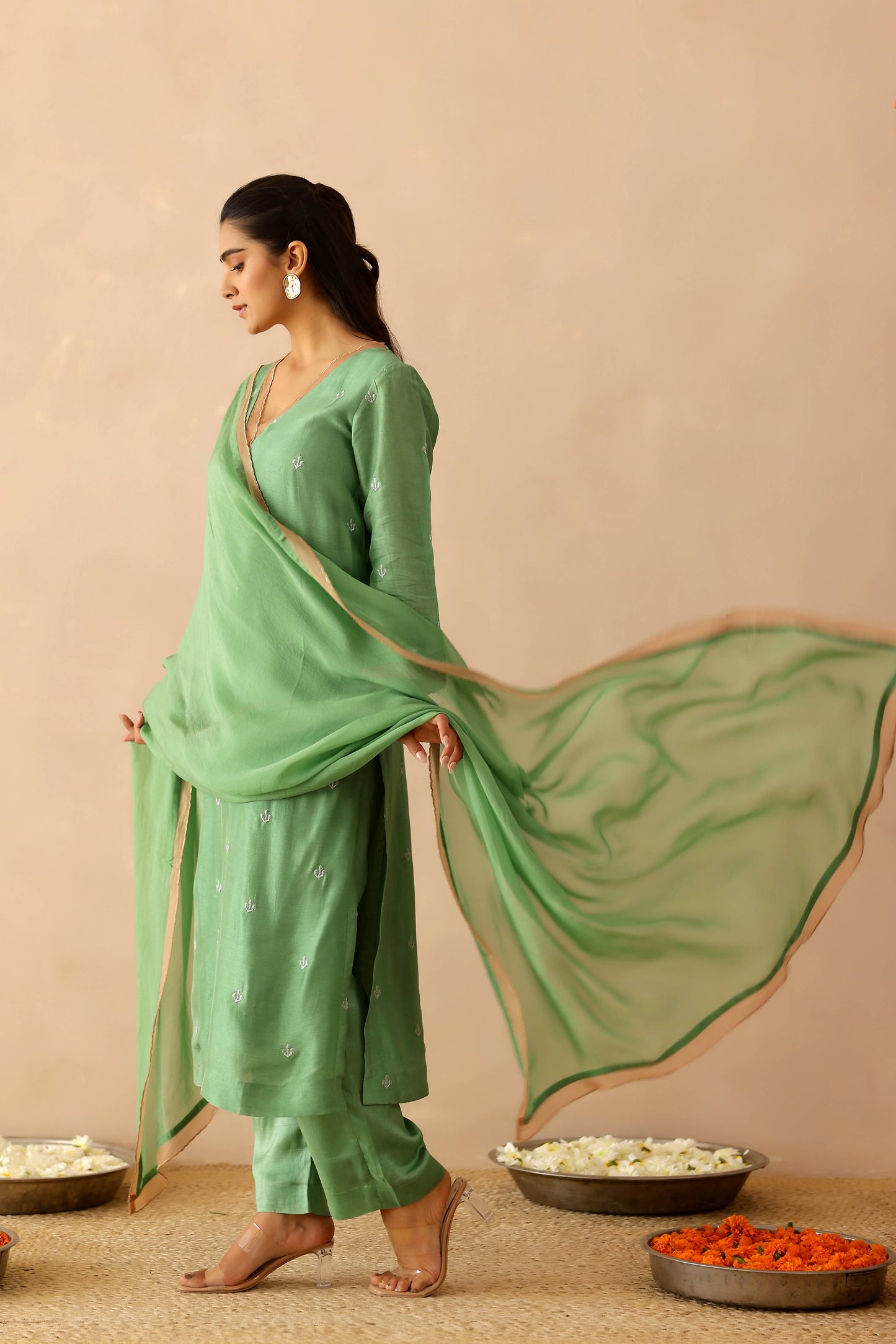 Green &  Beige Peony Suit set