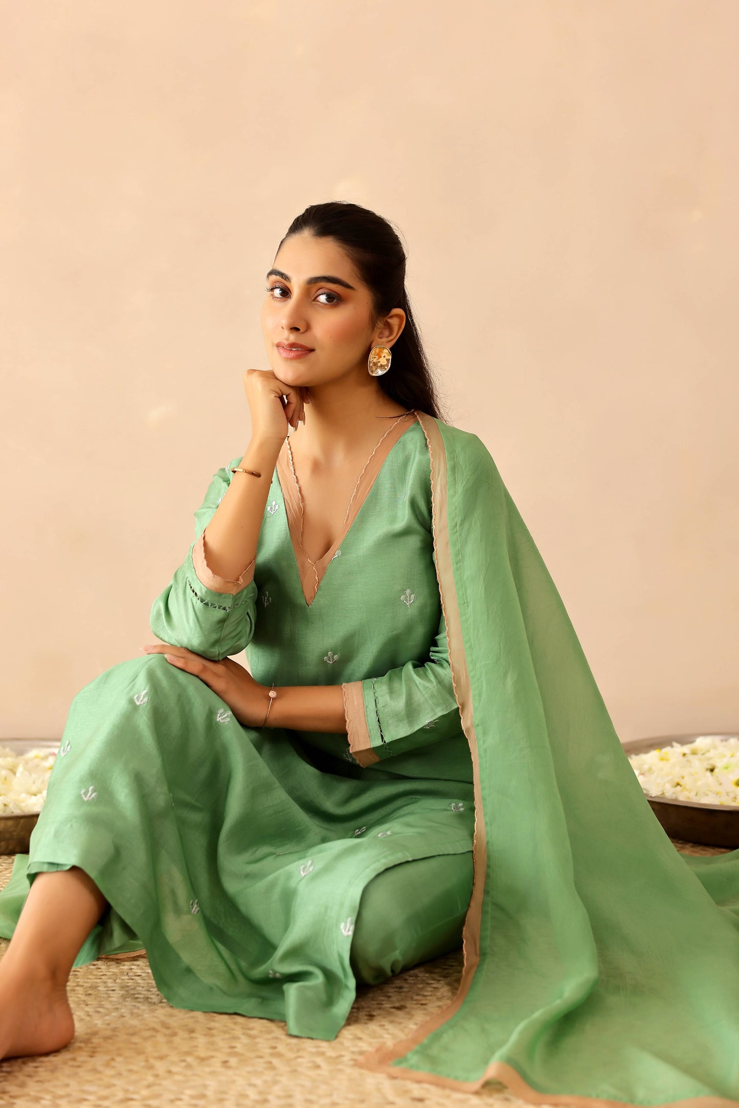 Green &  Beige Peony Suit set