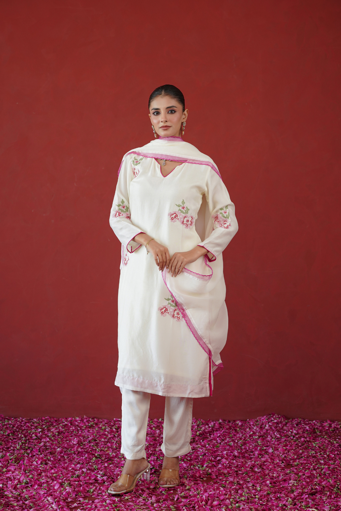 White Floral Embroidered Suit Set