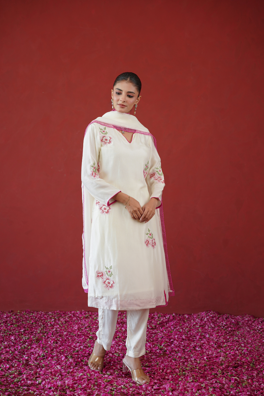 White Floral Embroidered Suit Set