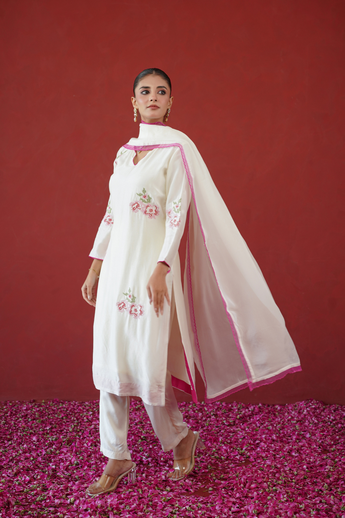 White Floral Embroidered Suit Set