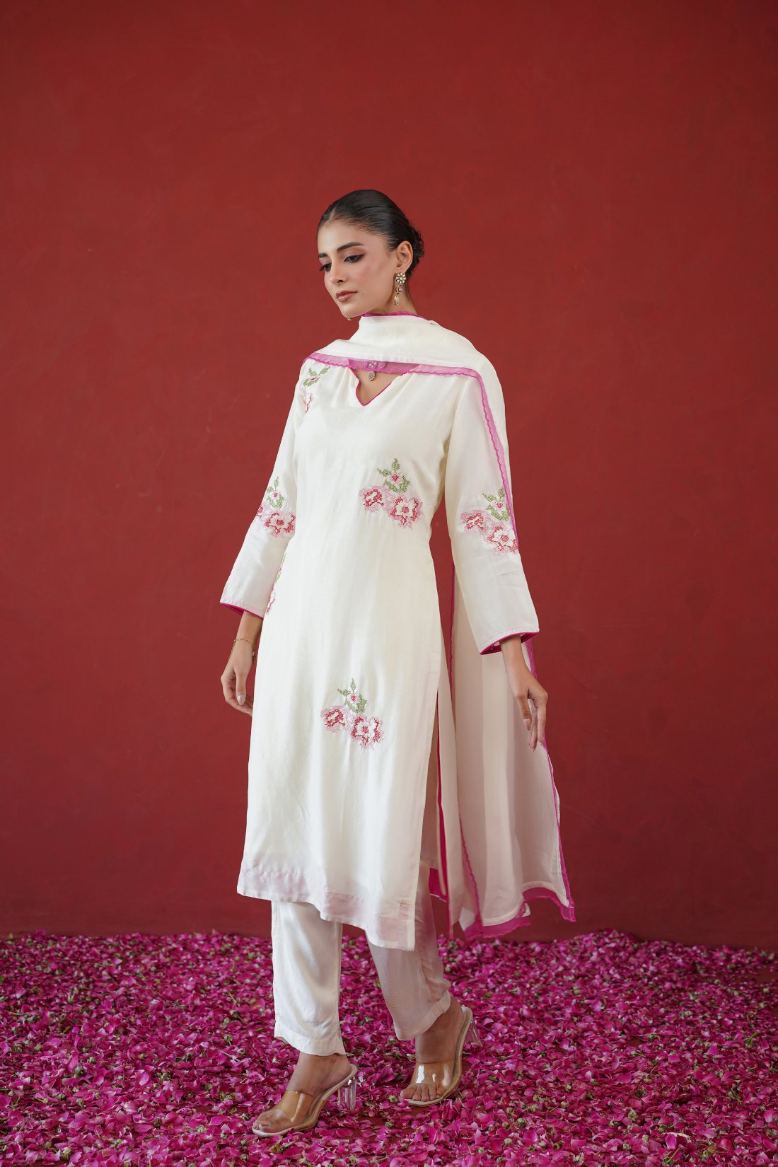 White Floral Embroidered Suit Set