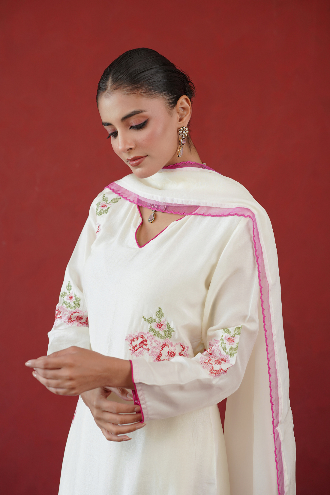 White Floral Embroidered Suit Set