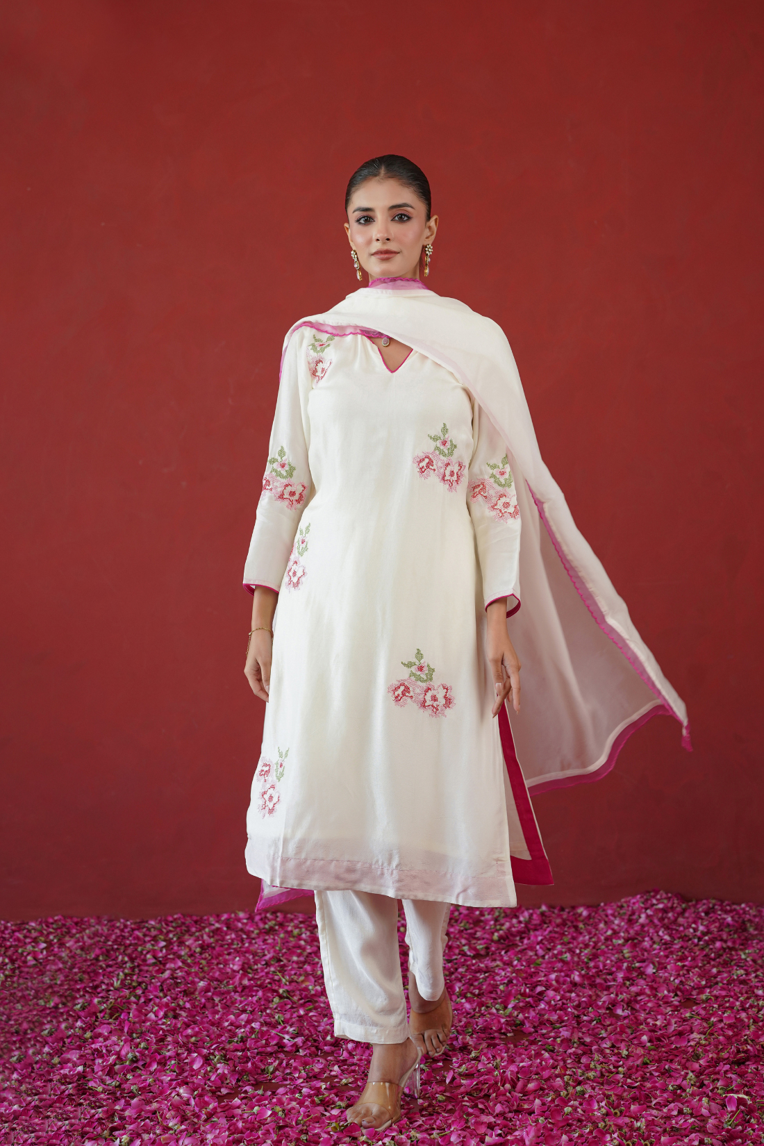 White Floral Embroidered Suit Set