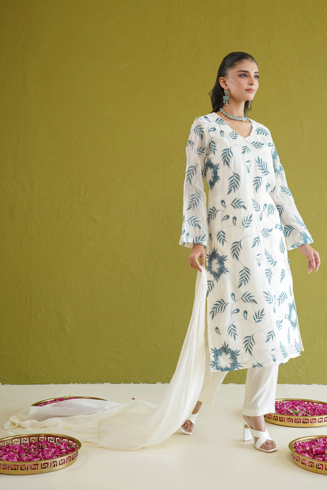 Ivory Blue Embroidered Suit Set