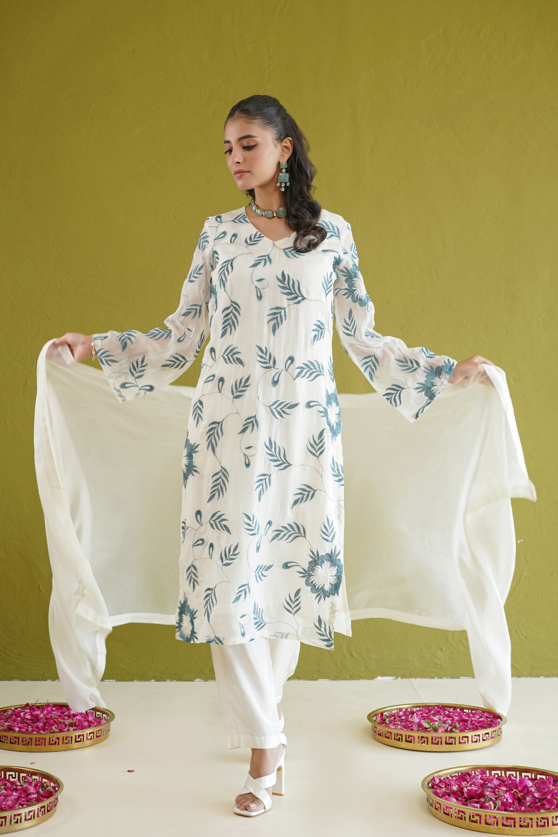 Ivory Blue Embroidered Suit Set