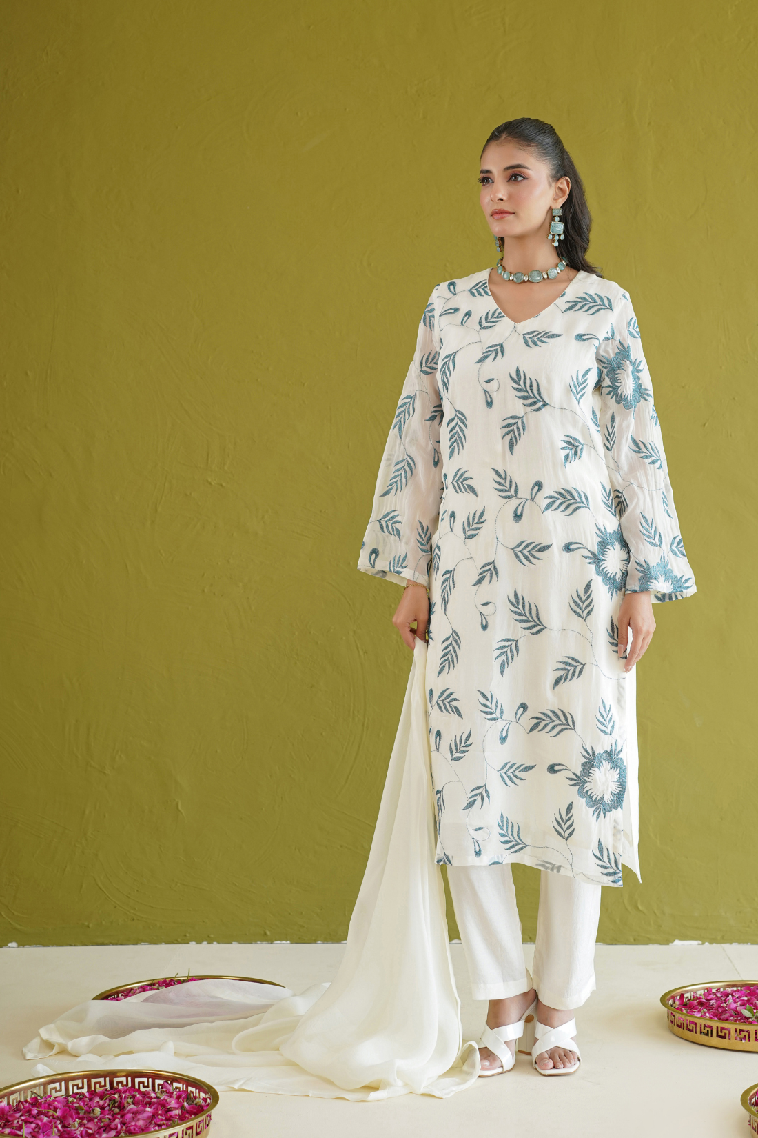Ivory Blue Embroidered Suit Set