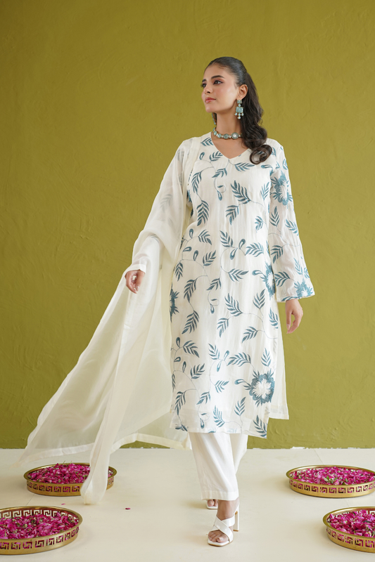 Ivory Blue Embroidered Suit Set