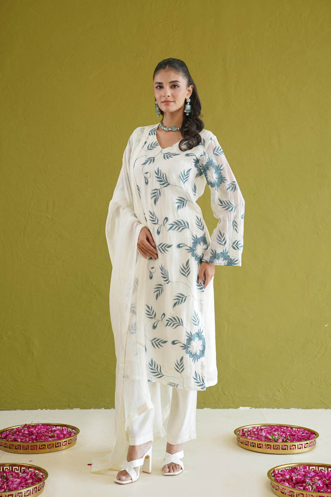 Ivory Blue Embroidered Suit Set
