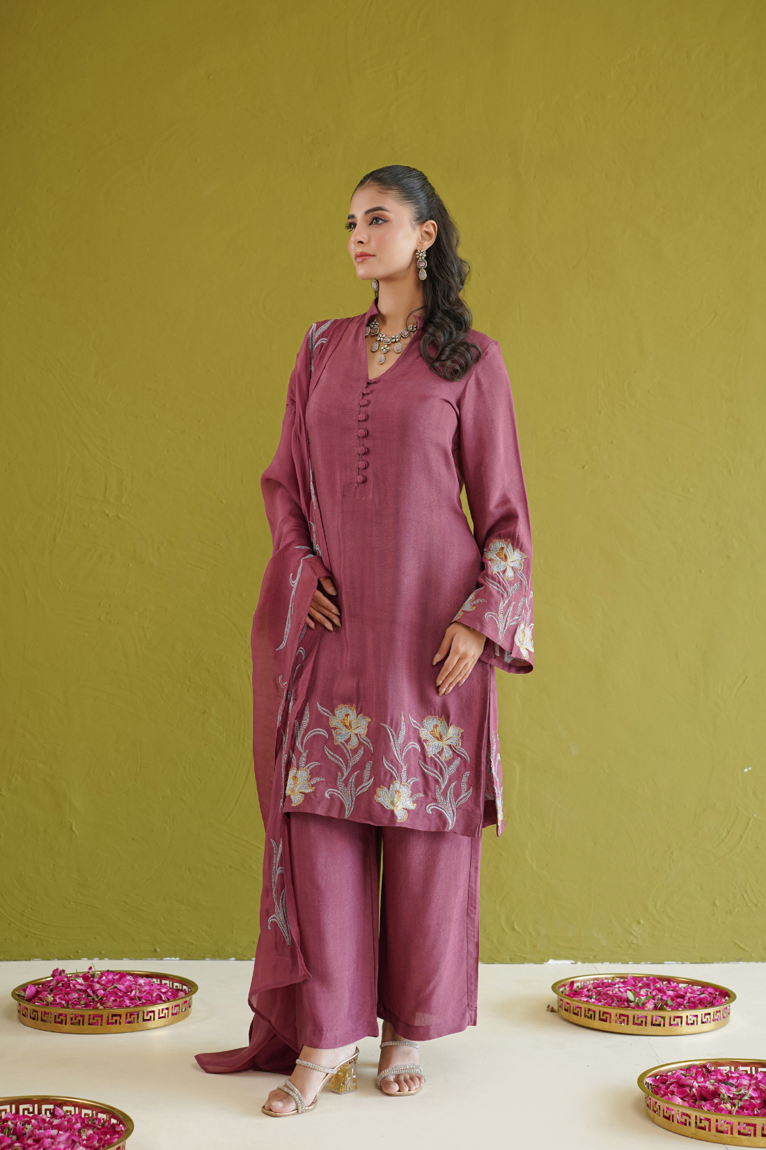 Berry Floral Embroidered Suit Set
