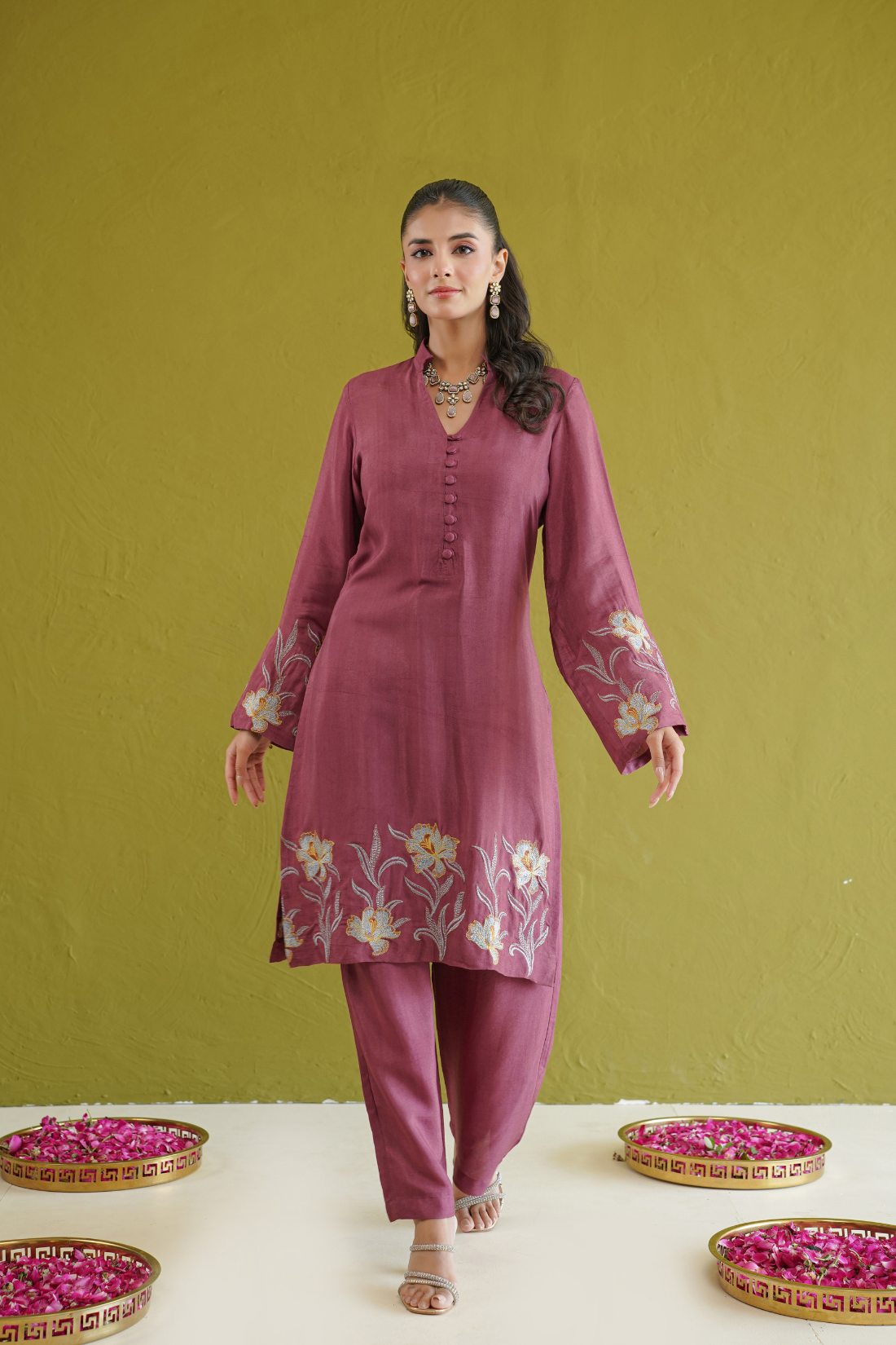 Berry Floral Embroidered Suit Set