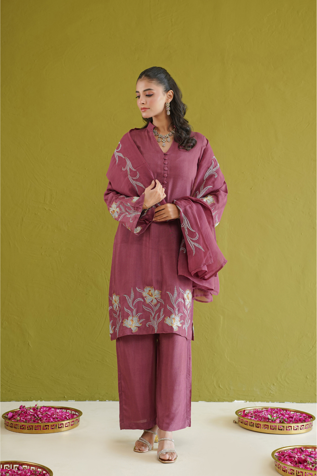 Berry Floral Embroidered Suit Set