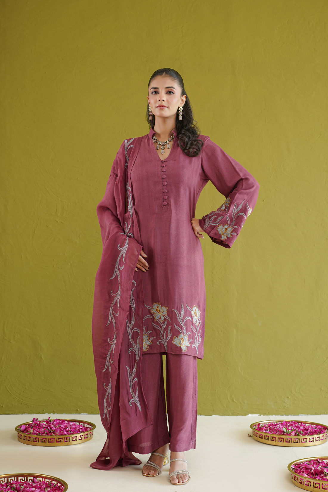 Berry Floral Embroidered Suit Set