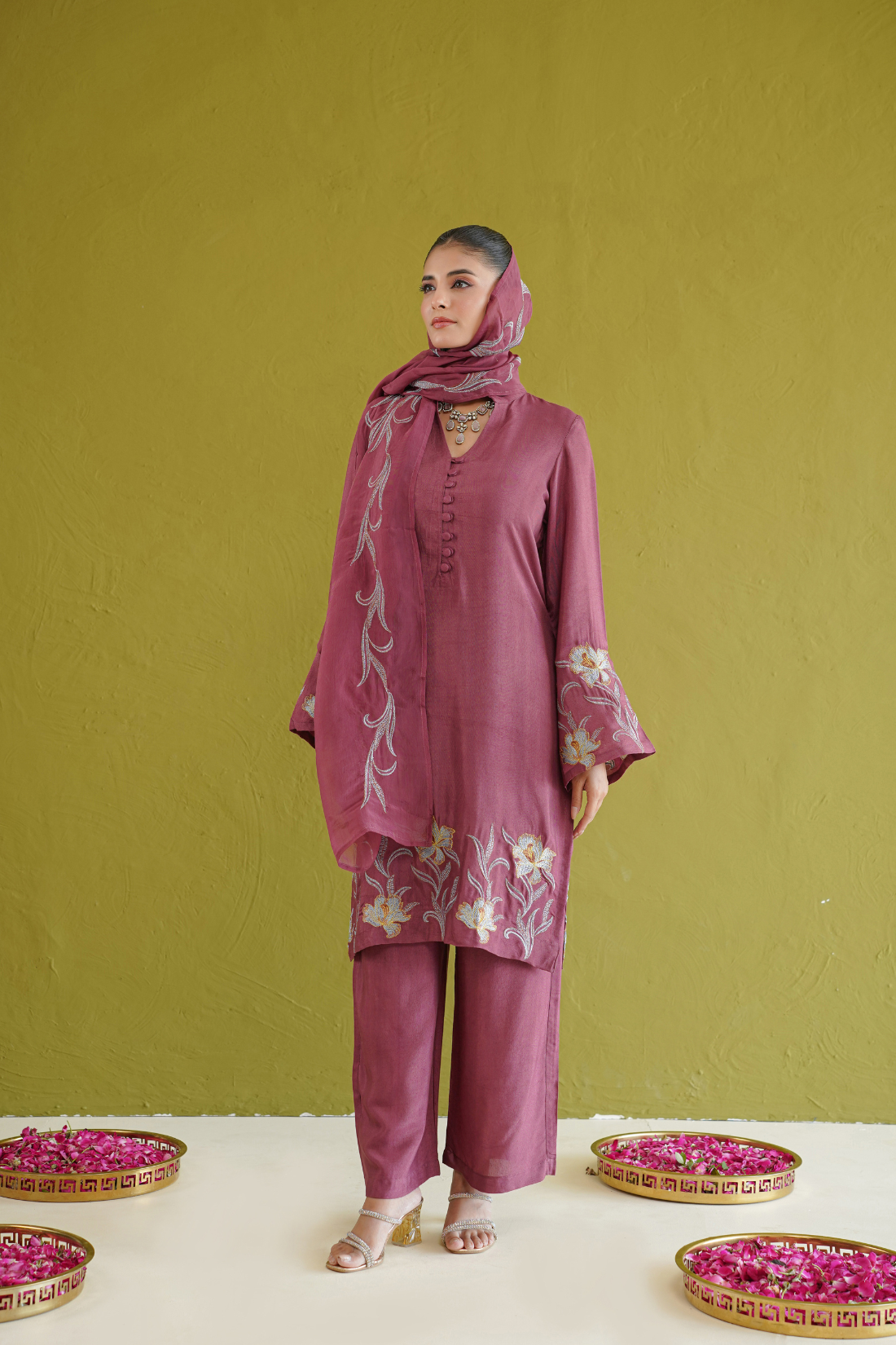Berry Floral Embroidered Suit Set