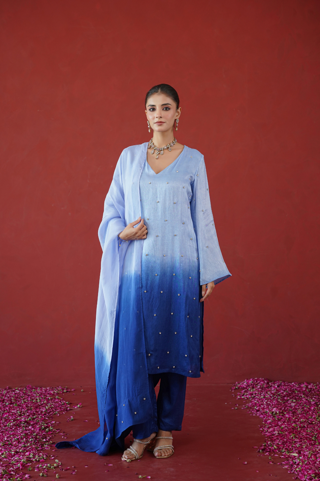 Blue Ombre Embroidered Suit Set