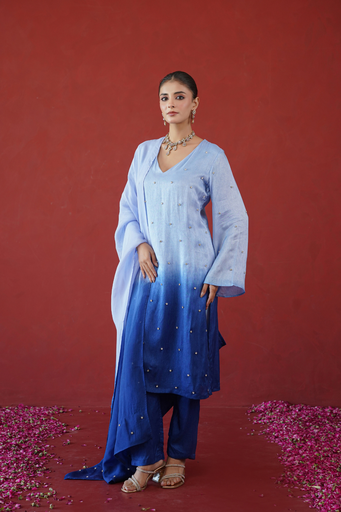 Blue Ombre Embroidered Suit Set