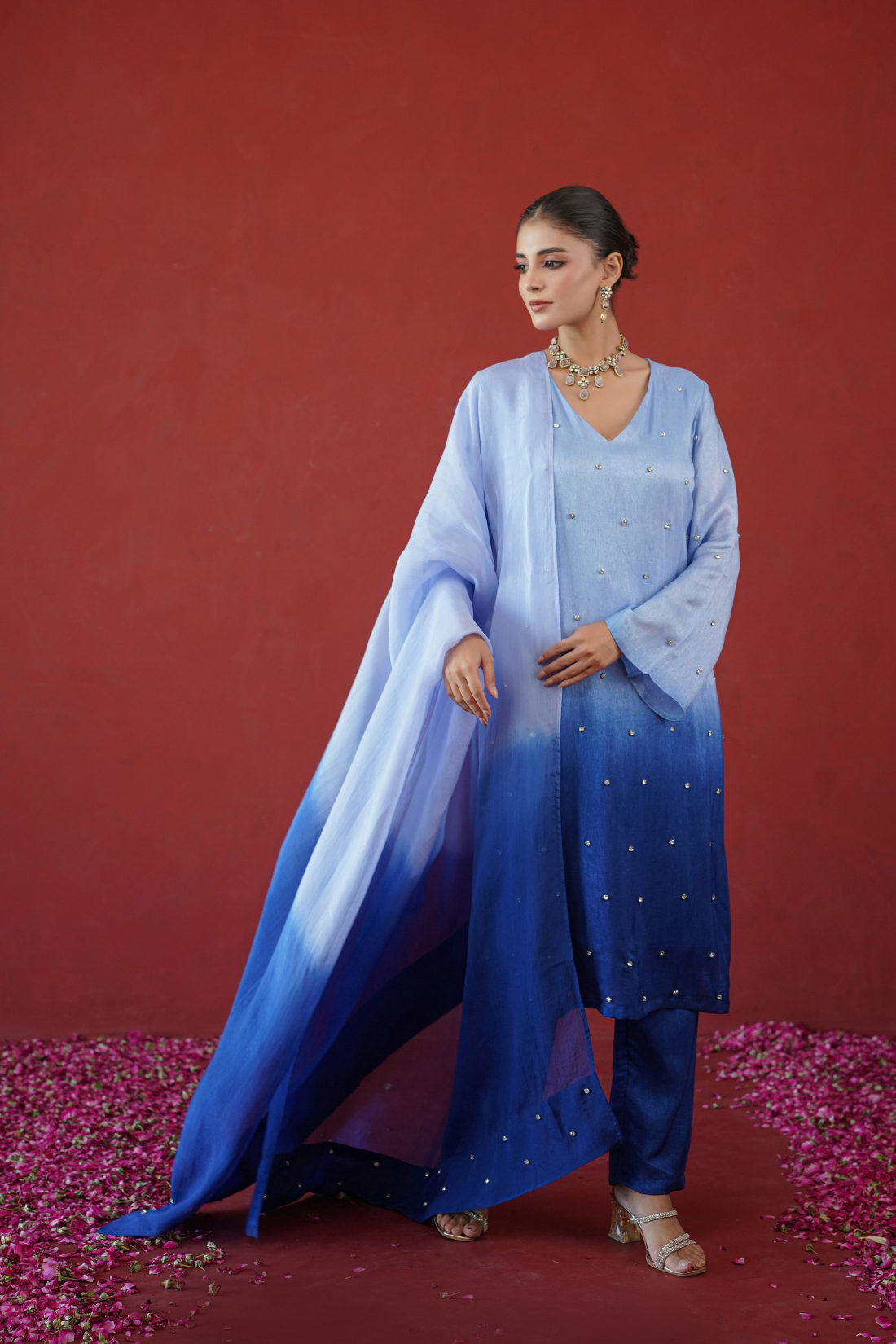Blue Ombre Embroidered Suit Set