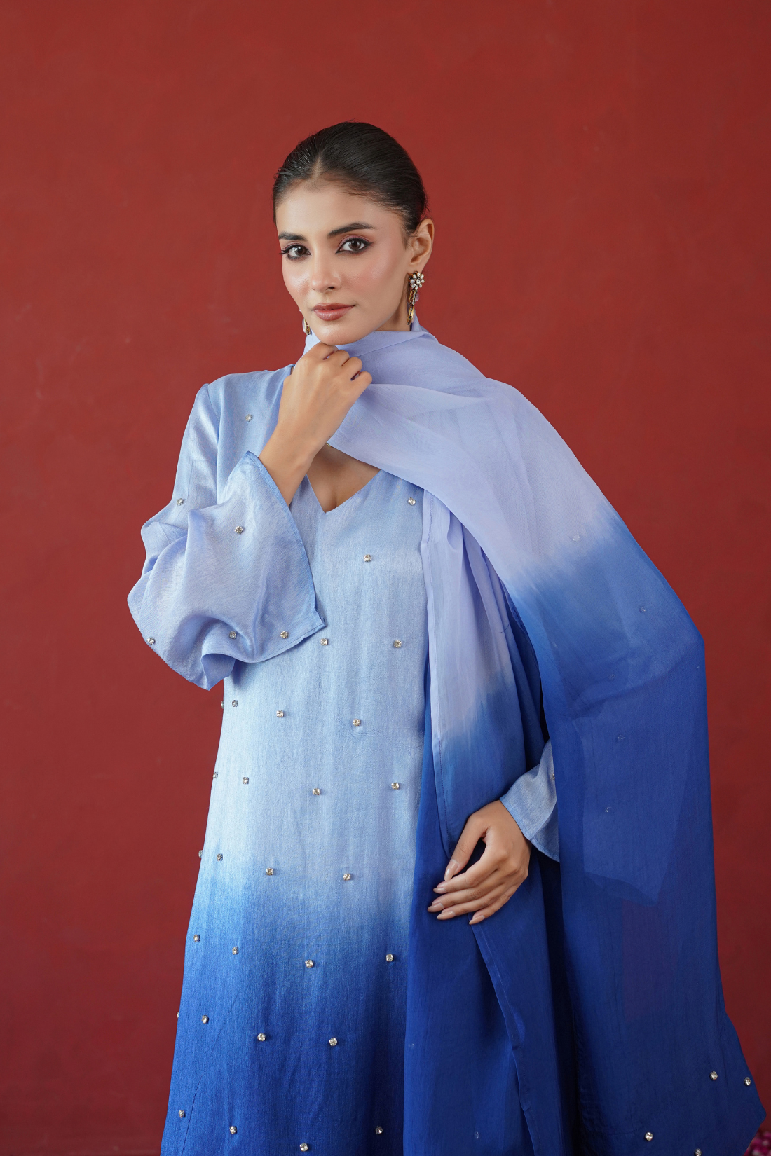 Blue Ombre Embroidered Suit Set