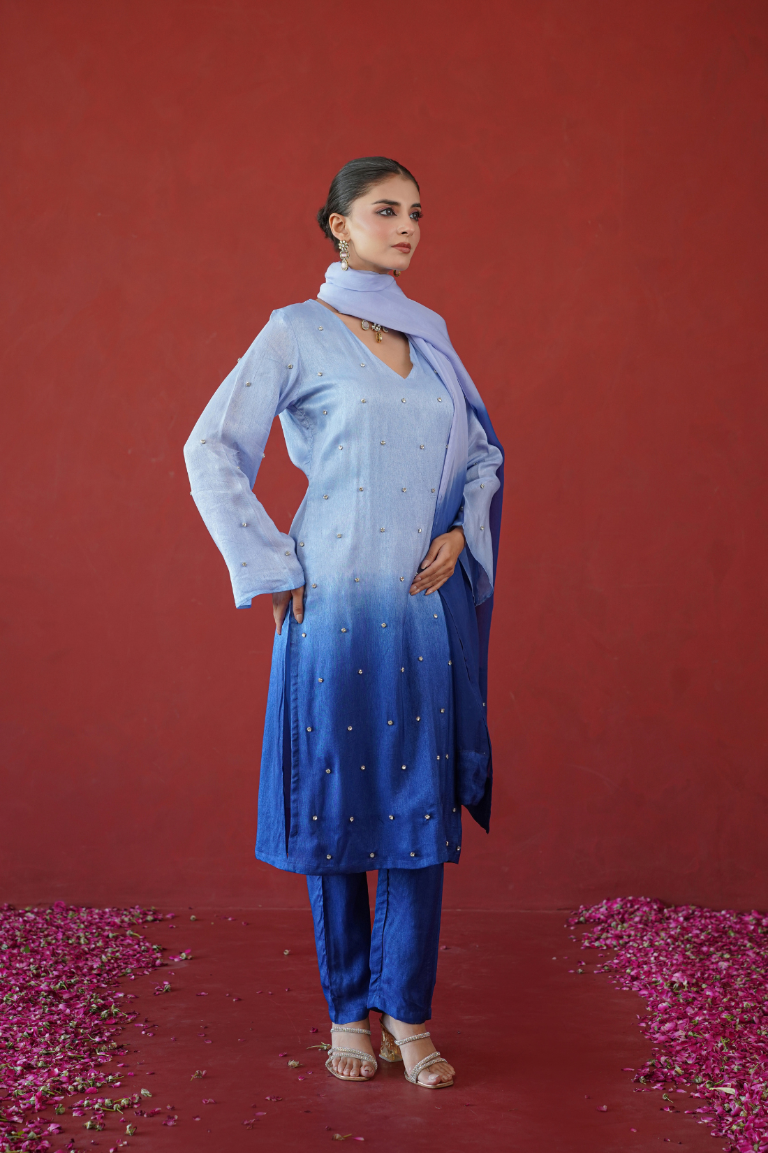 Blue Ombre Embroidered Suit Set