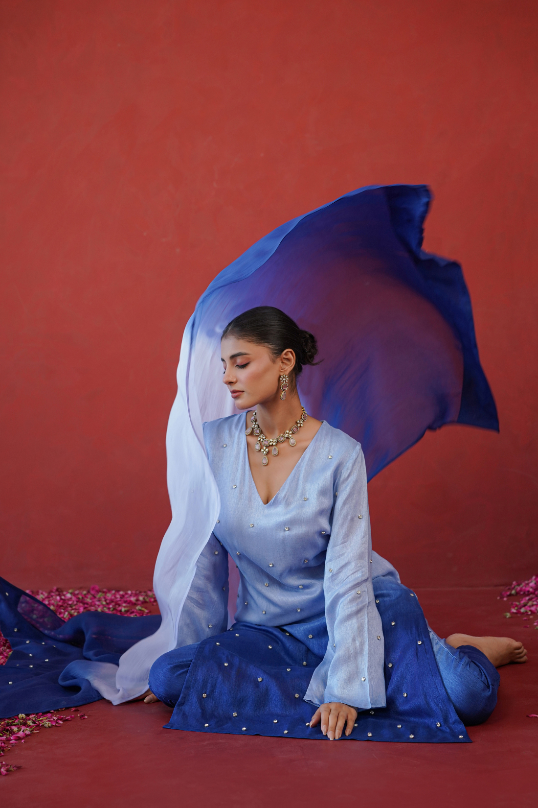 Blue Ombre Embroidered Suit Set