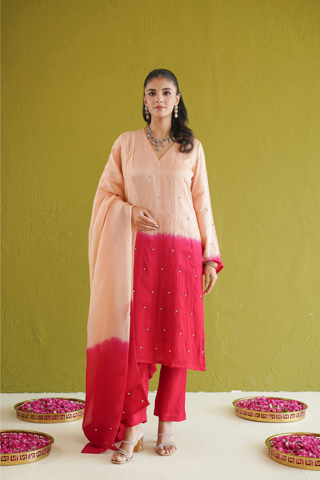 Red Ombre Embroidered Suit Set