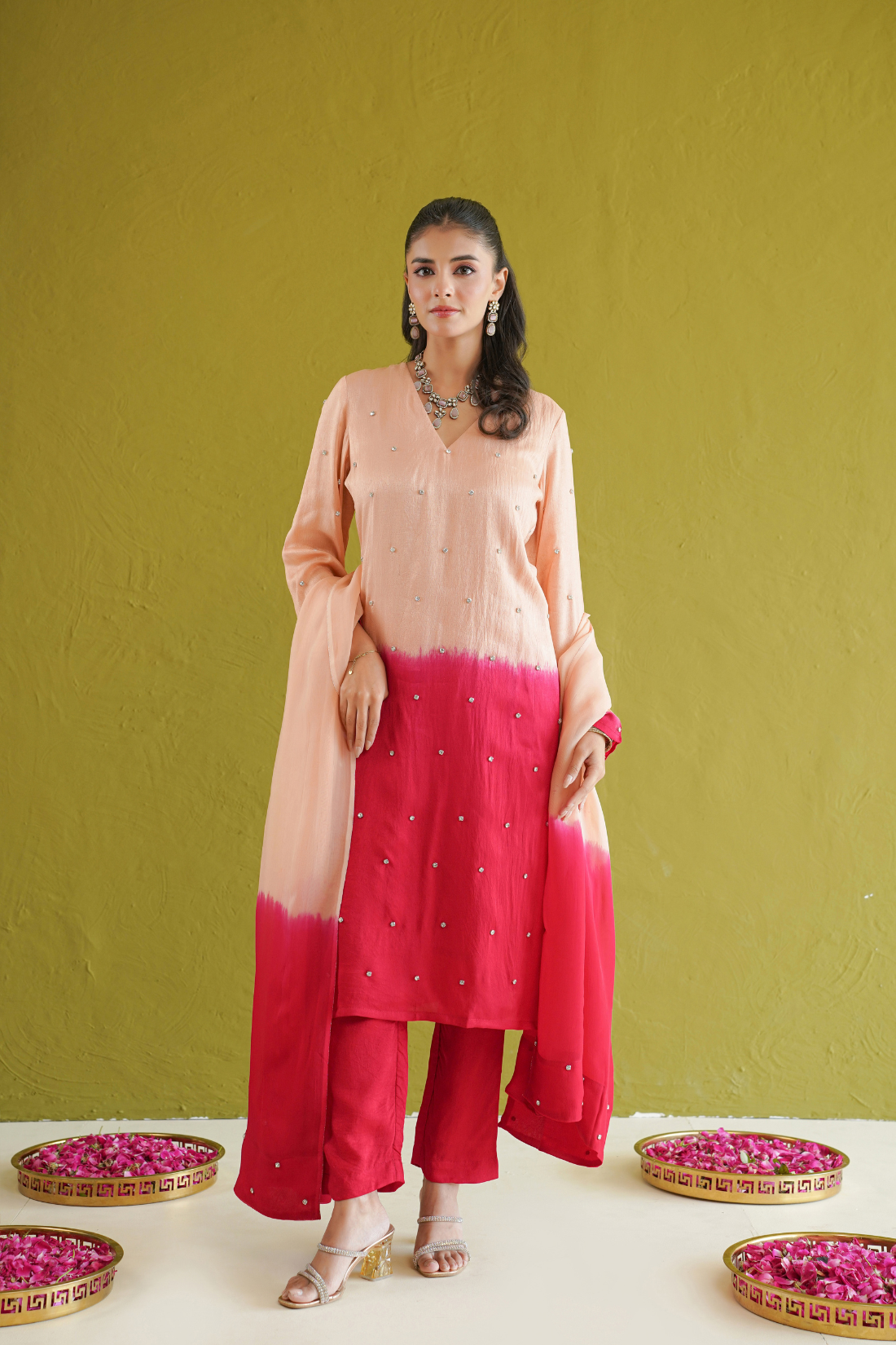 Red Ombre Embroidered Suit Set