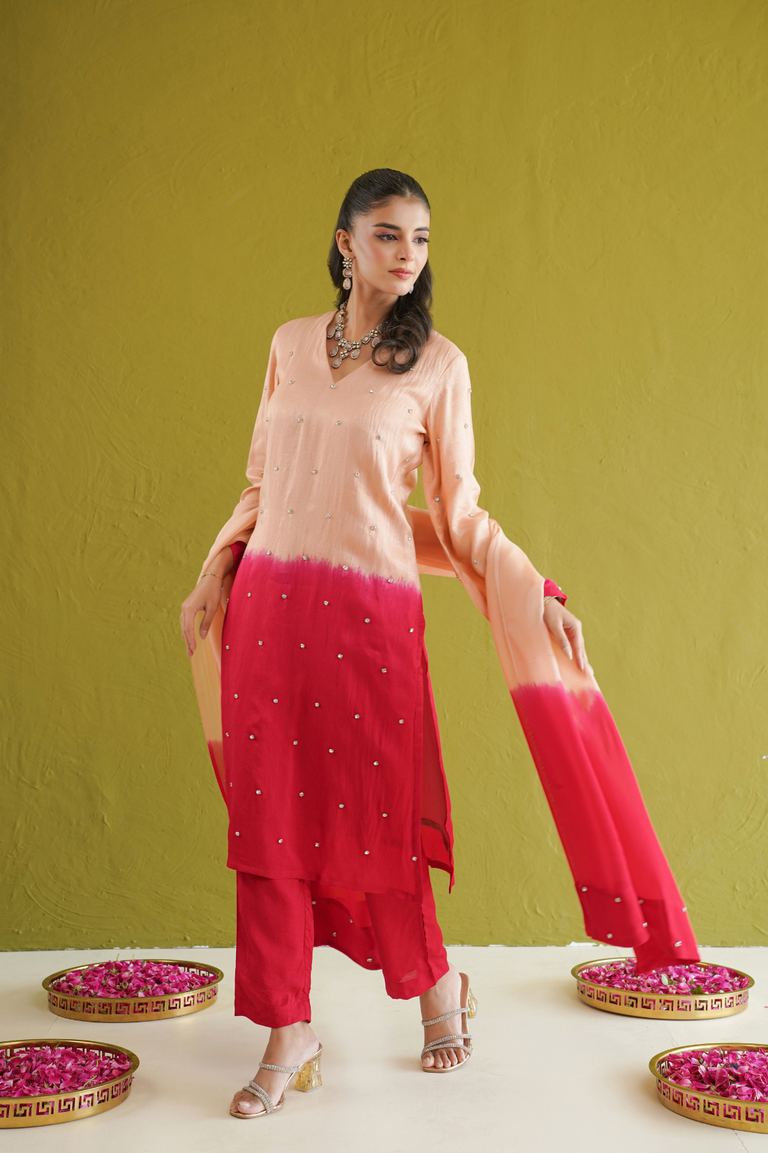 Red Ombre Embroidered Suit Set