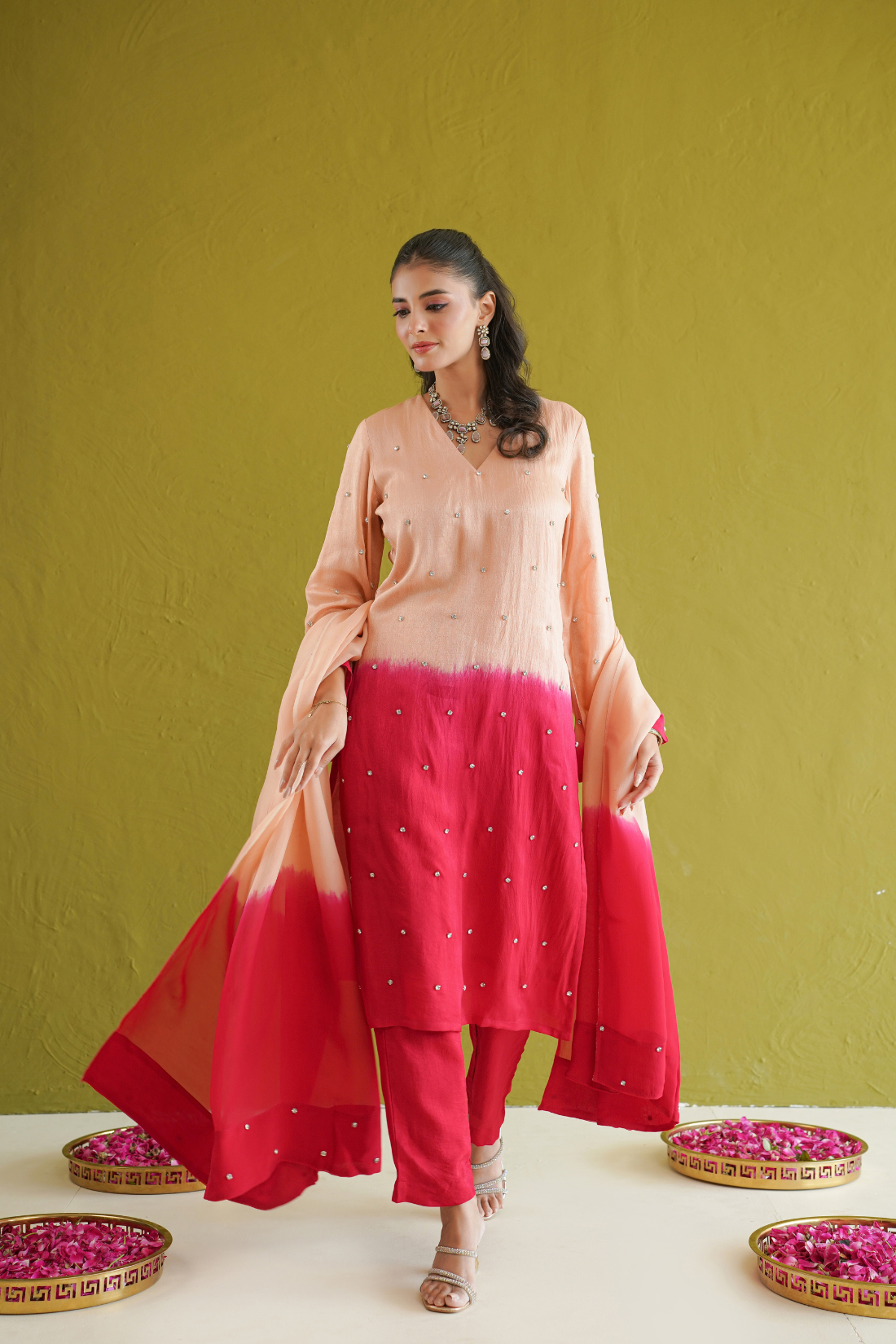 Red Ombre Embroidered Suit Set