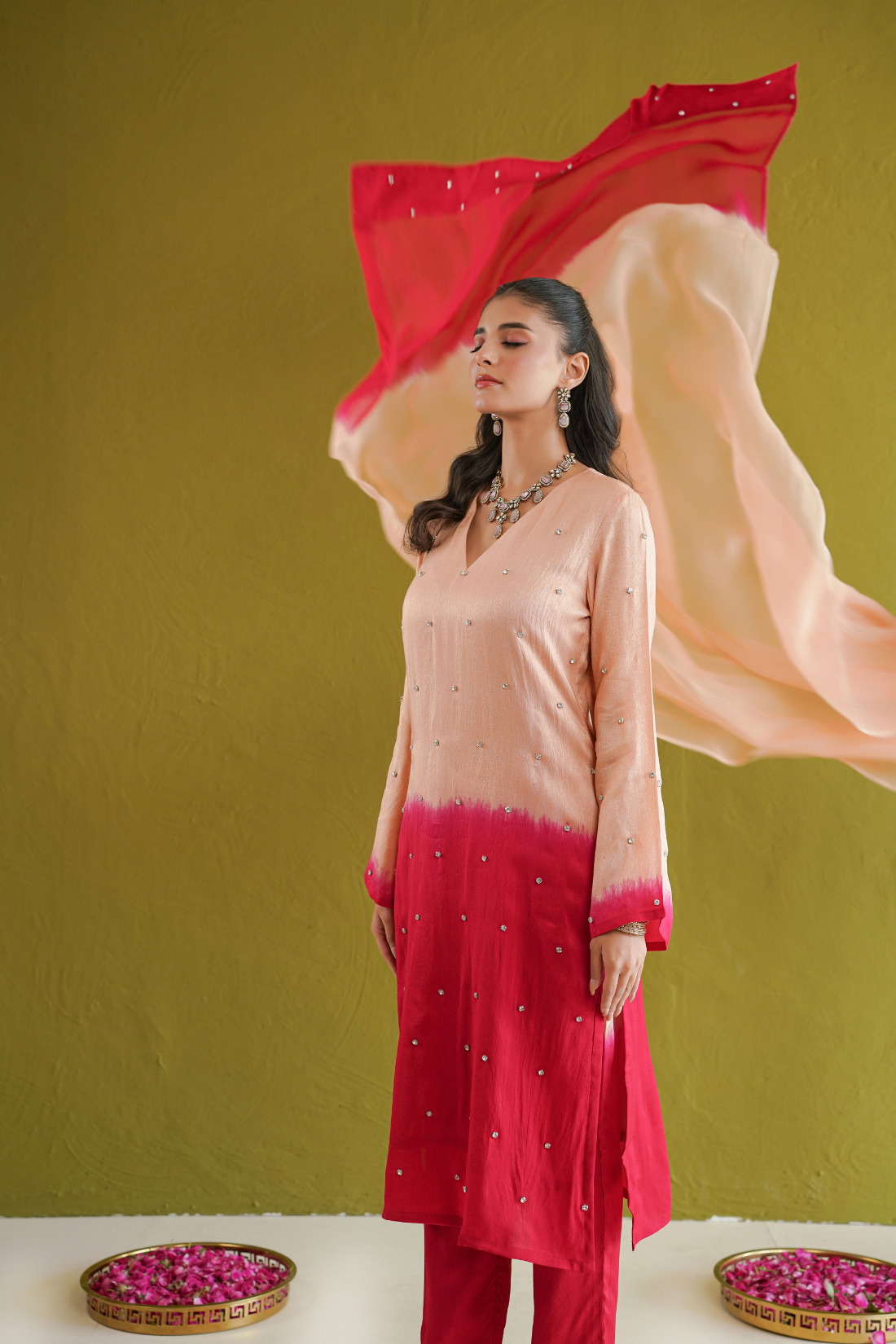 Red Ombre Embroidered Suit Set