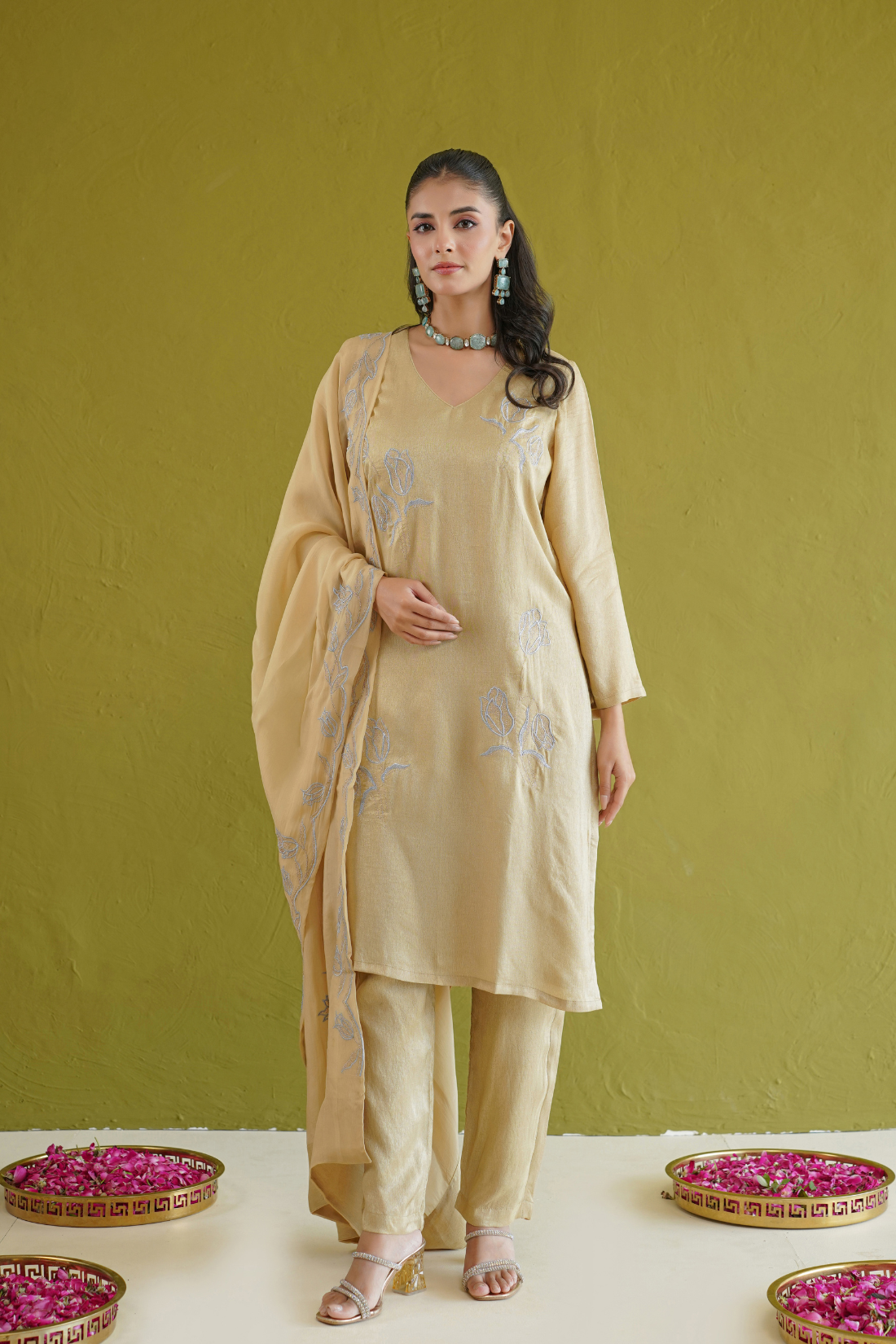 Sage Green Floral Embroidered Suit Set