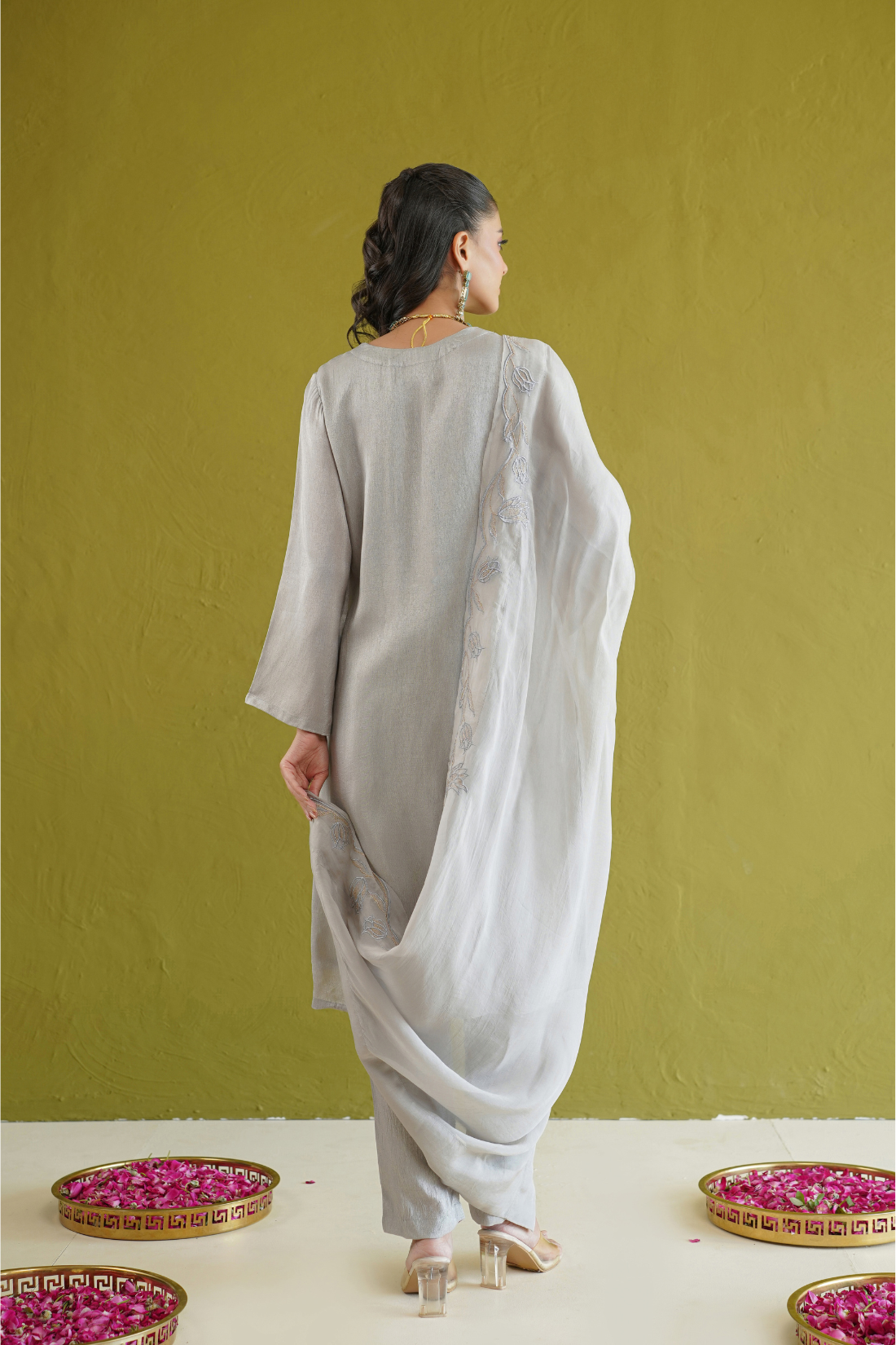 Grey Silk Embroidered Suit Set