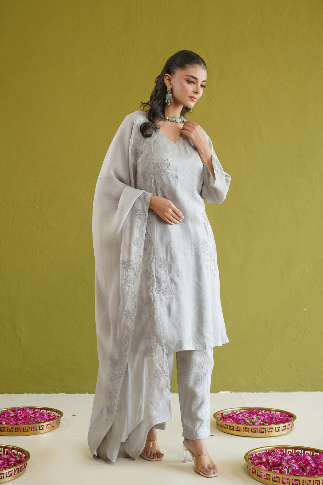 Grey Silk Embroidered Suit Set