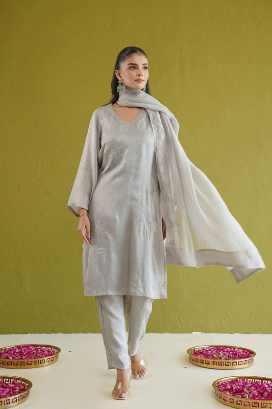 Grey Silk Embroidered Suit Set