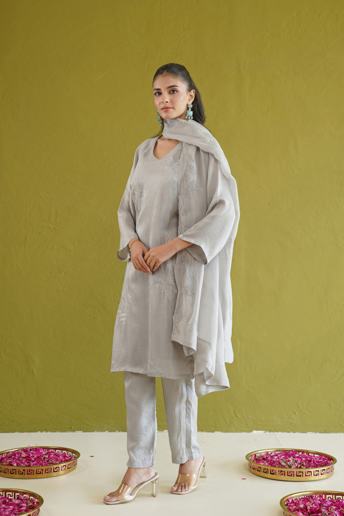 Grey Silk Embroidered Suit Set