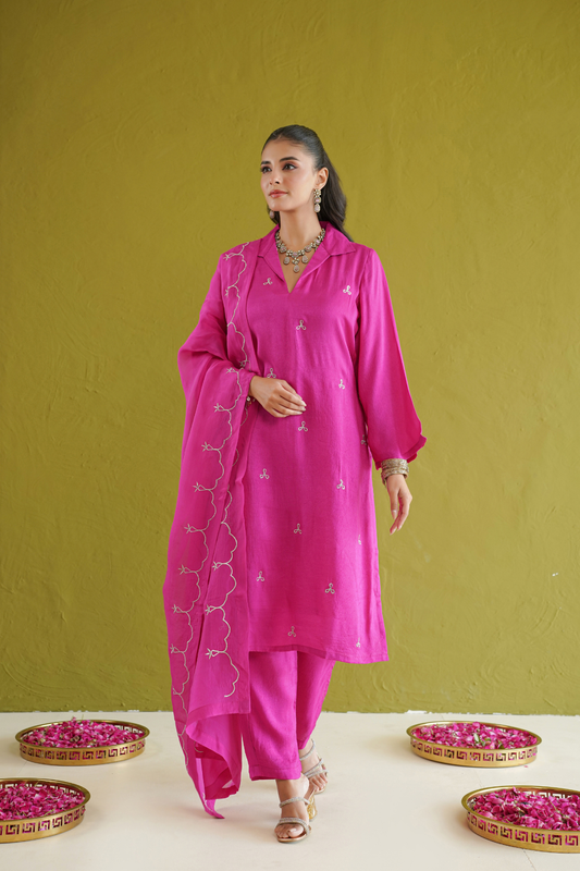 Fuchsia Pink Embroidered Suit Set