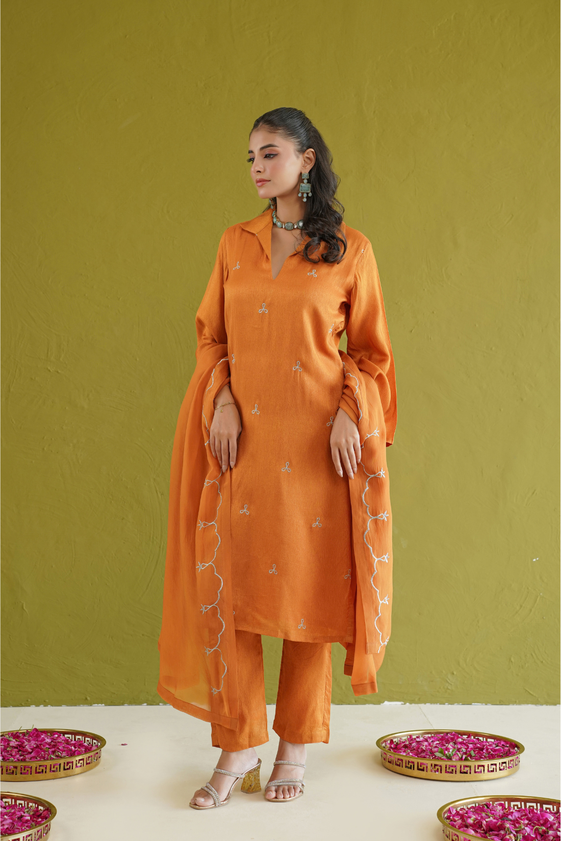 Burnt Orange Embroidered Tunic Set