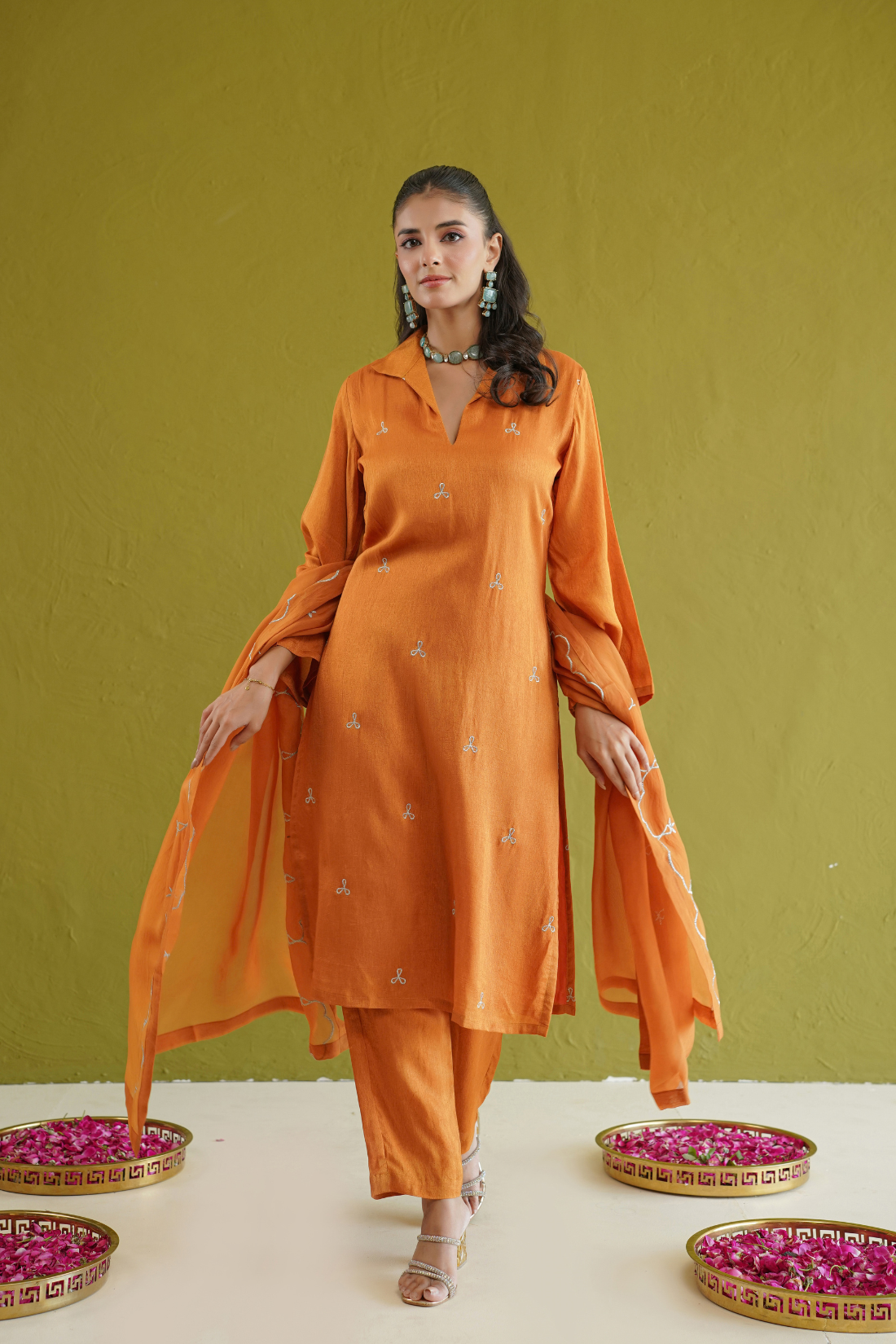 Burnt Orange Embroidered Tunic Set