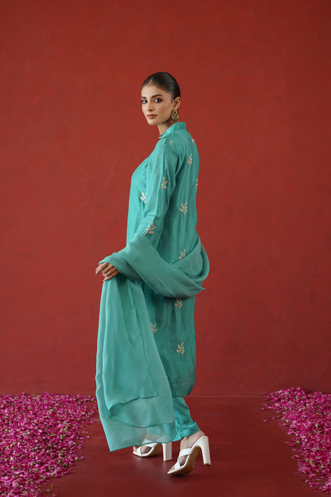 Teal Leaf Embroidered Suit Set