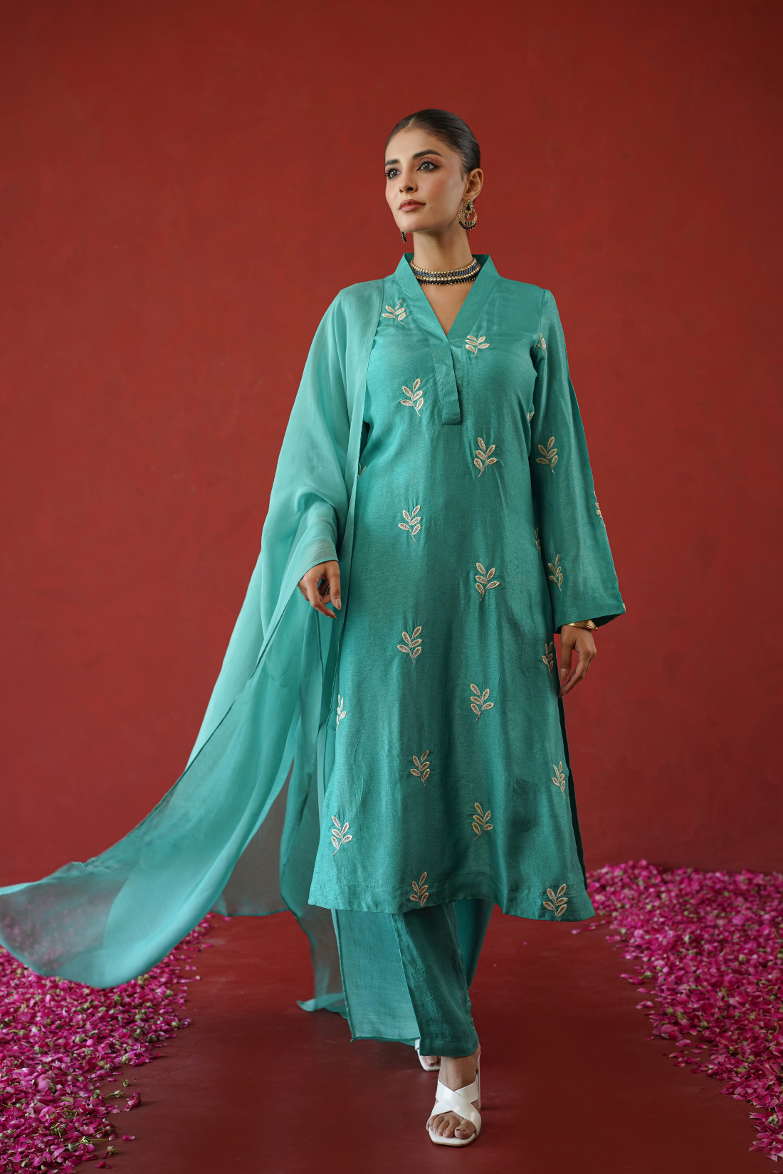 Teal Leaf Embroidered Suit Set