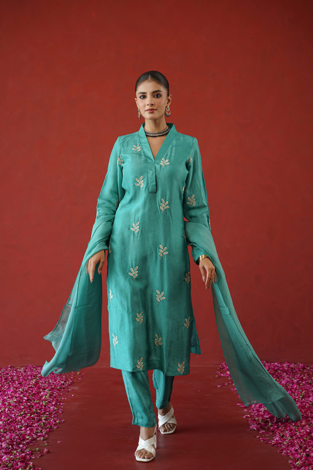Teal Leaf Embroidered Suit Set