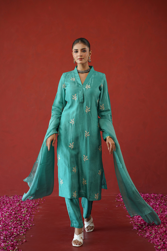 Teal Leaf Embroidered Suit Set